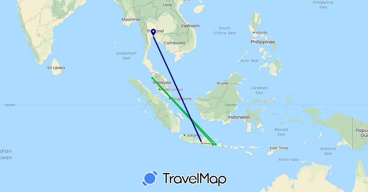 TravelMap itinerary: driving, bus, plane in Indonesia, Malaysia, Thailand (Asia)